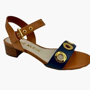Anne Klein Ellamae Sandals 7M Tan Navy Blue Gold Nautical Block Heel Resortwear